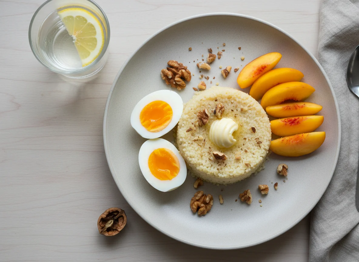 Завтрак с кашей, яйцом, персиками и грецкими орехами photo