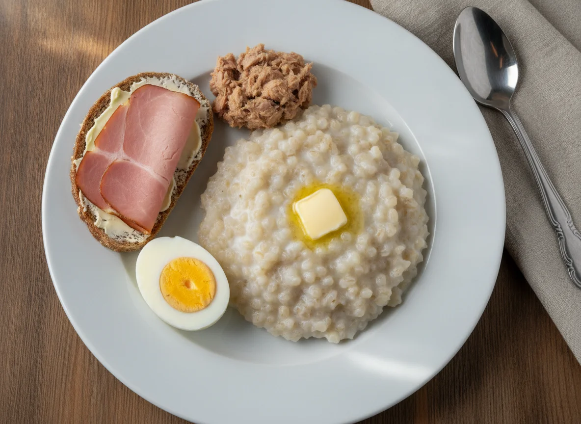 Завтрак с кашей, яйцом, тунцом и бутербродом photo