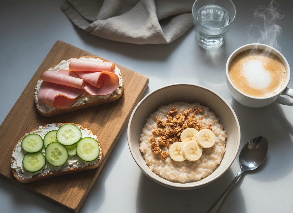 Завтрак с кашей, бутербродами и кофе photo