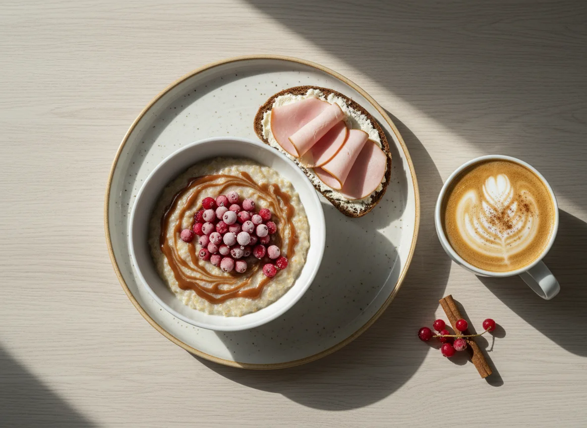 Завтрак с кашей, бутербродом и кофе photo