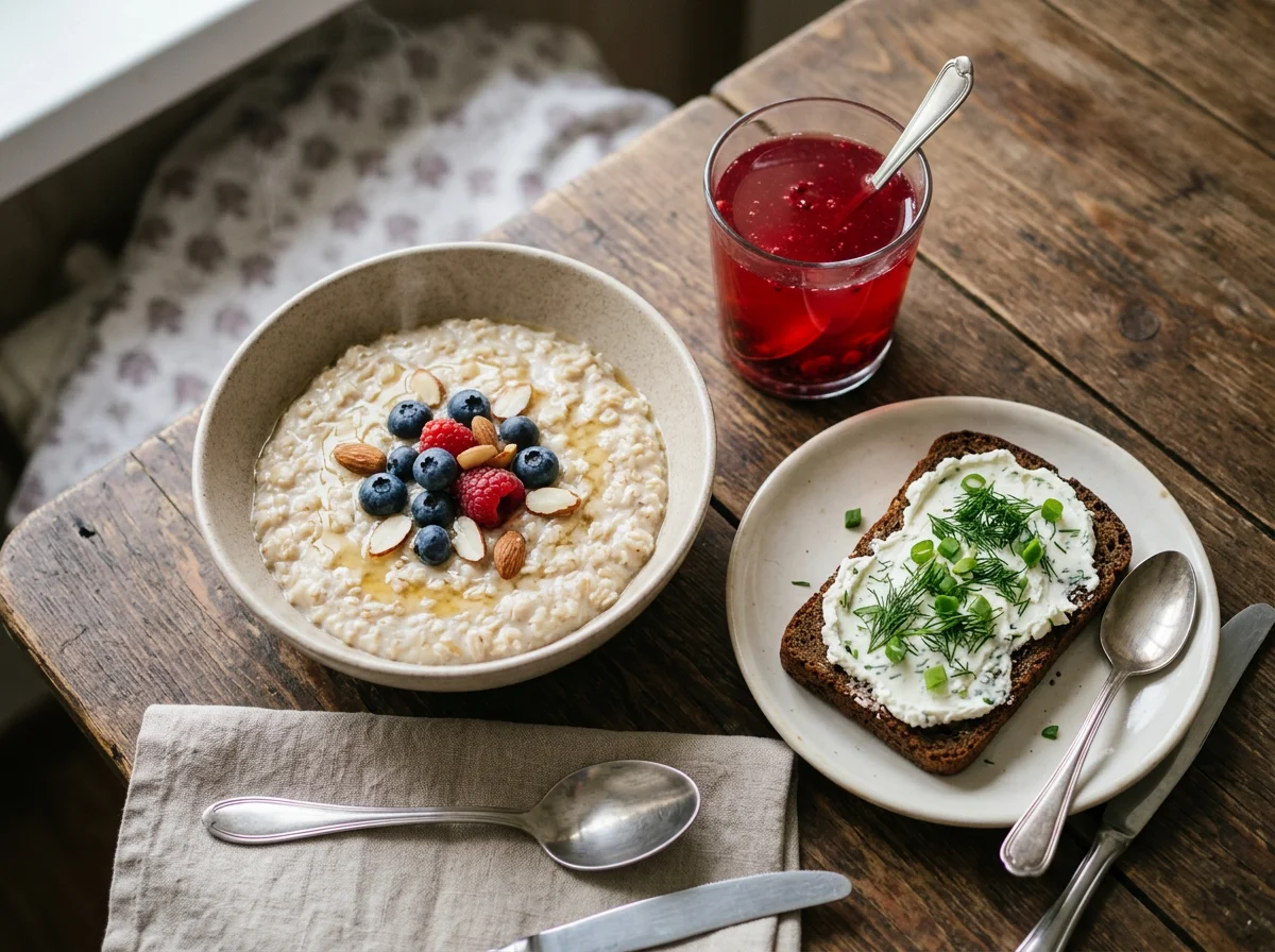 Завтрак с кашей, бутербродом и напитком photo
