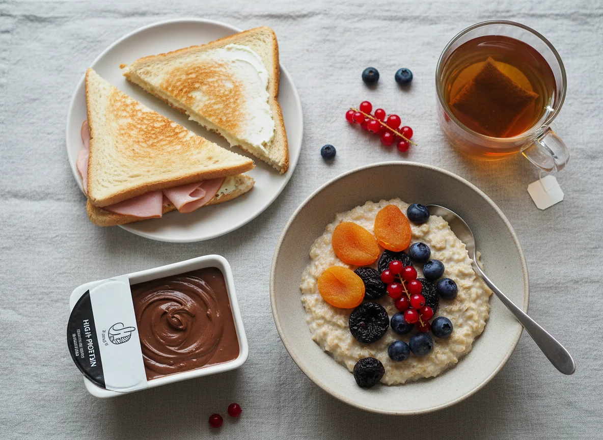 Завтрак с кашей, бутербродом и пудингом photo