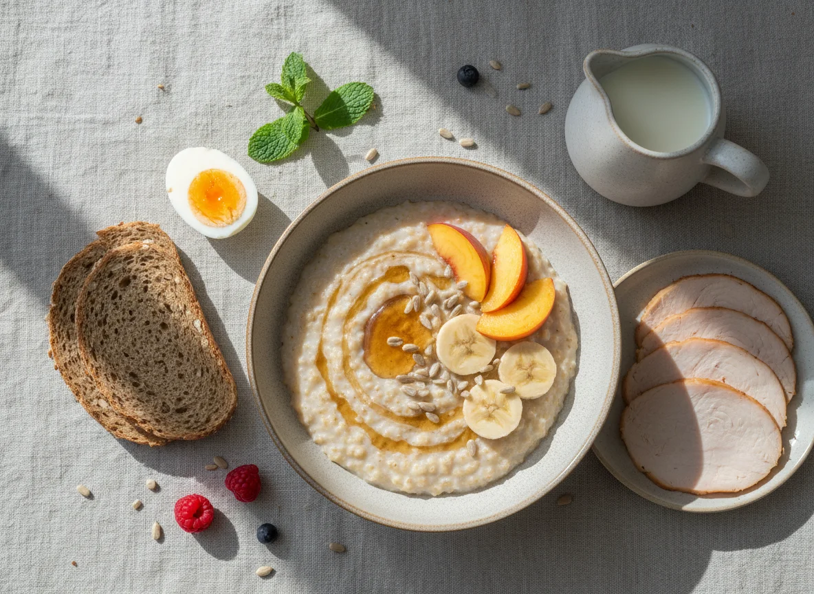 Завтрак с кашей, фруктами, яйцами и индейкой photo