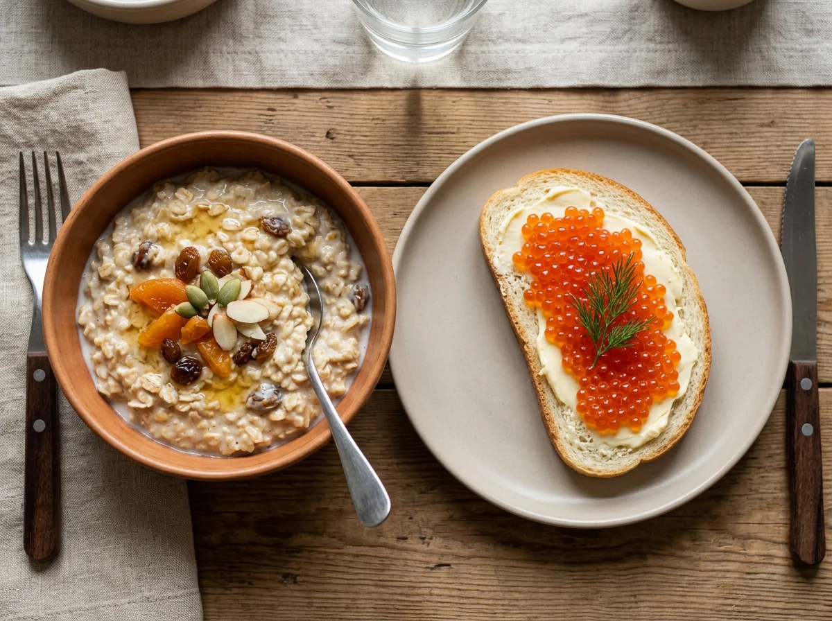 Завтрак с кашей и бутербродом с икрой photo