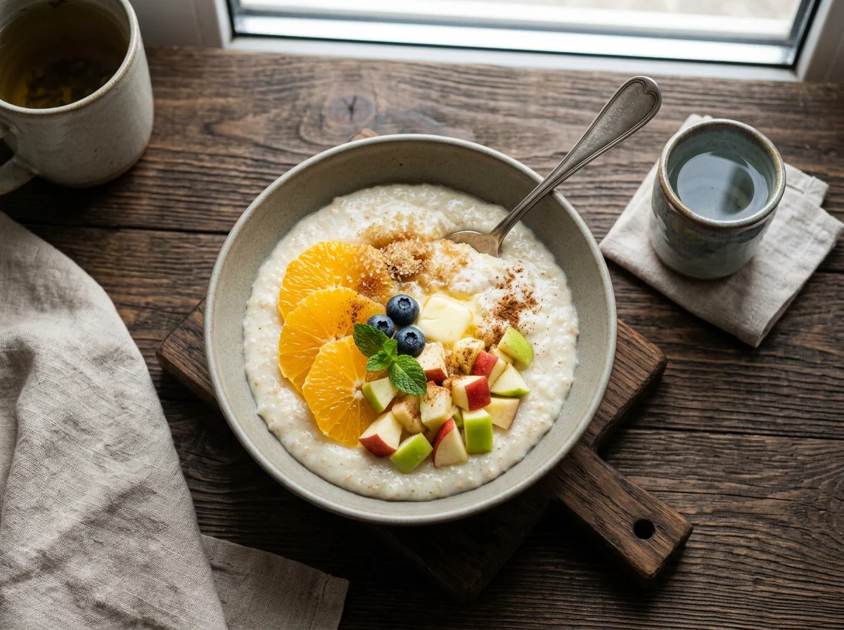 Завтрак с кашей и фруктами photo