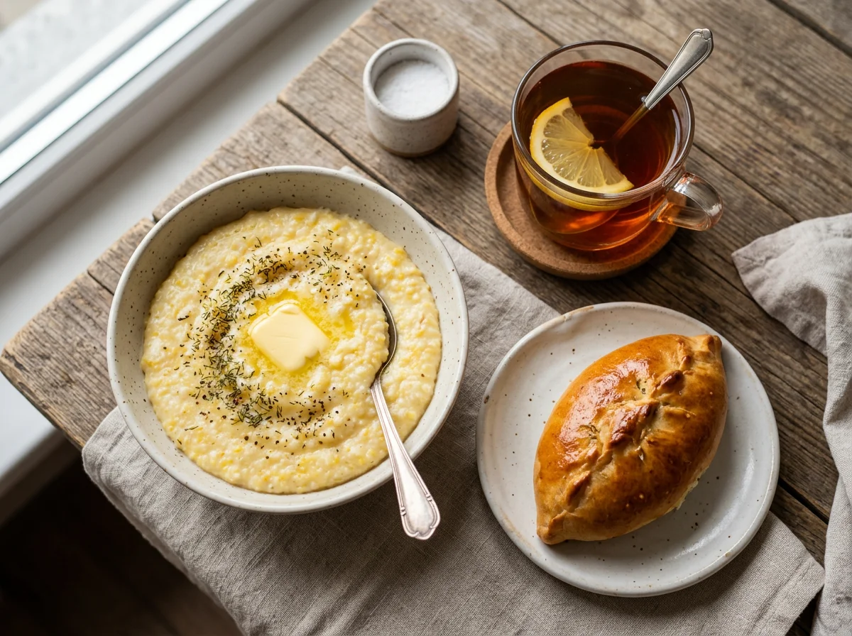 Завтрак с кашей, пирожком и напитком photo