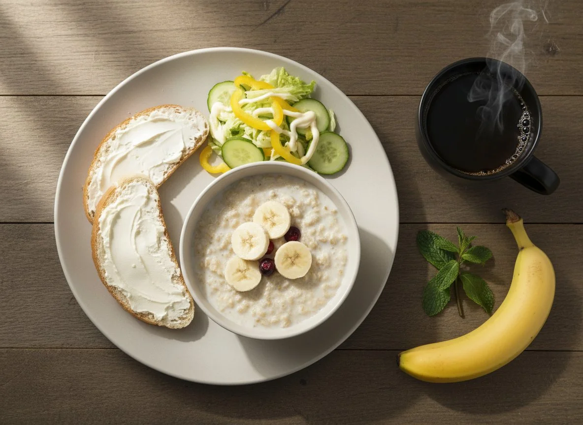 Завтрак с кашей, салатом и кофе photo