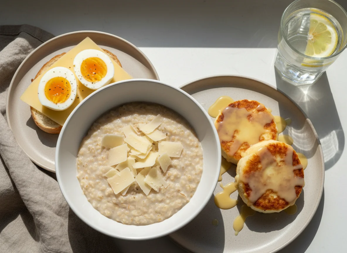 Завтрак с кашей, сырниками и бутербродом photo