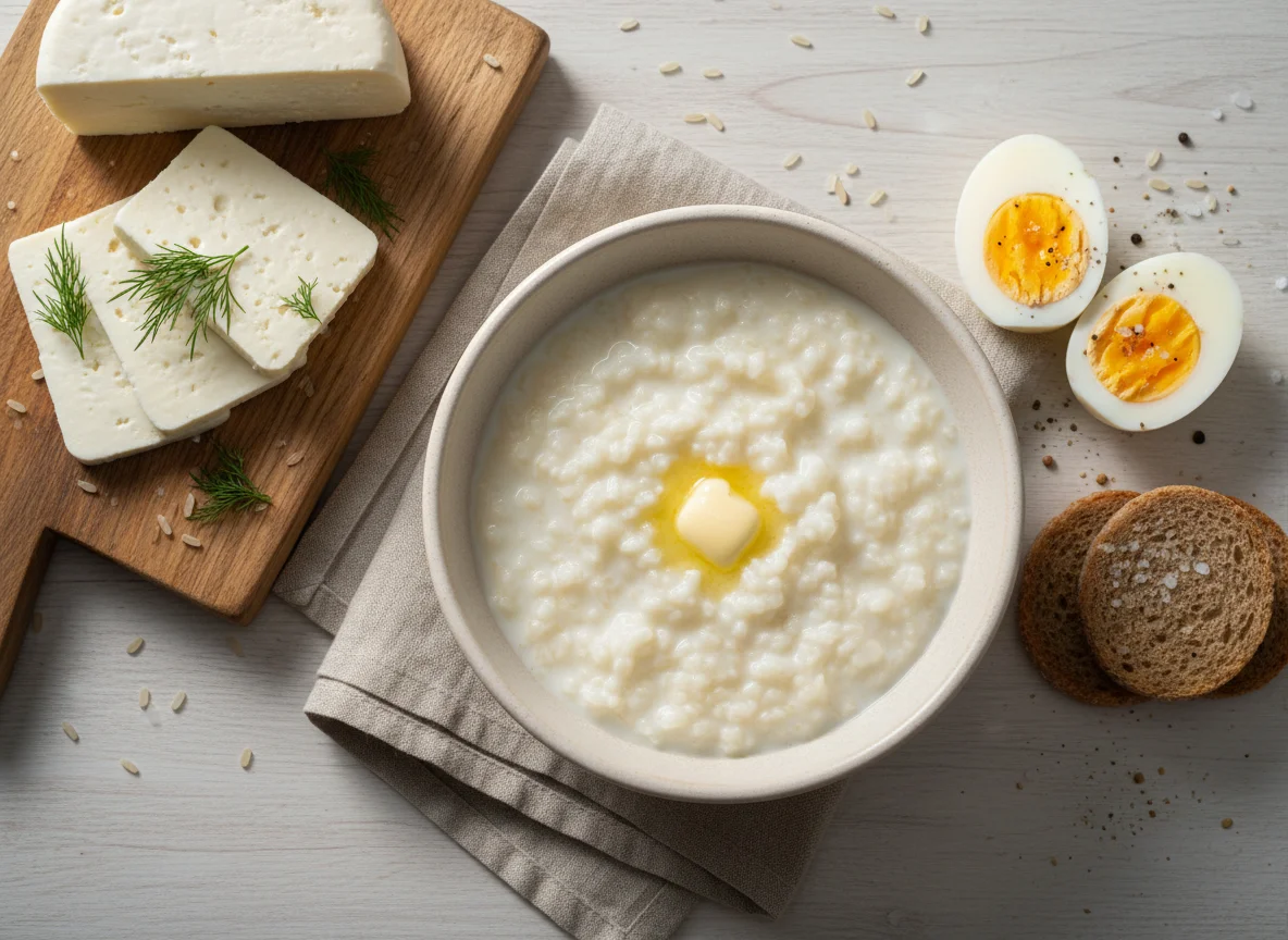 Завтрак с кашей, сыром и яйцами photo