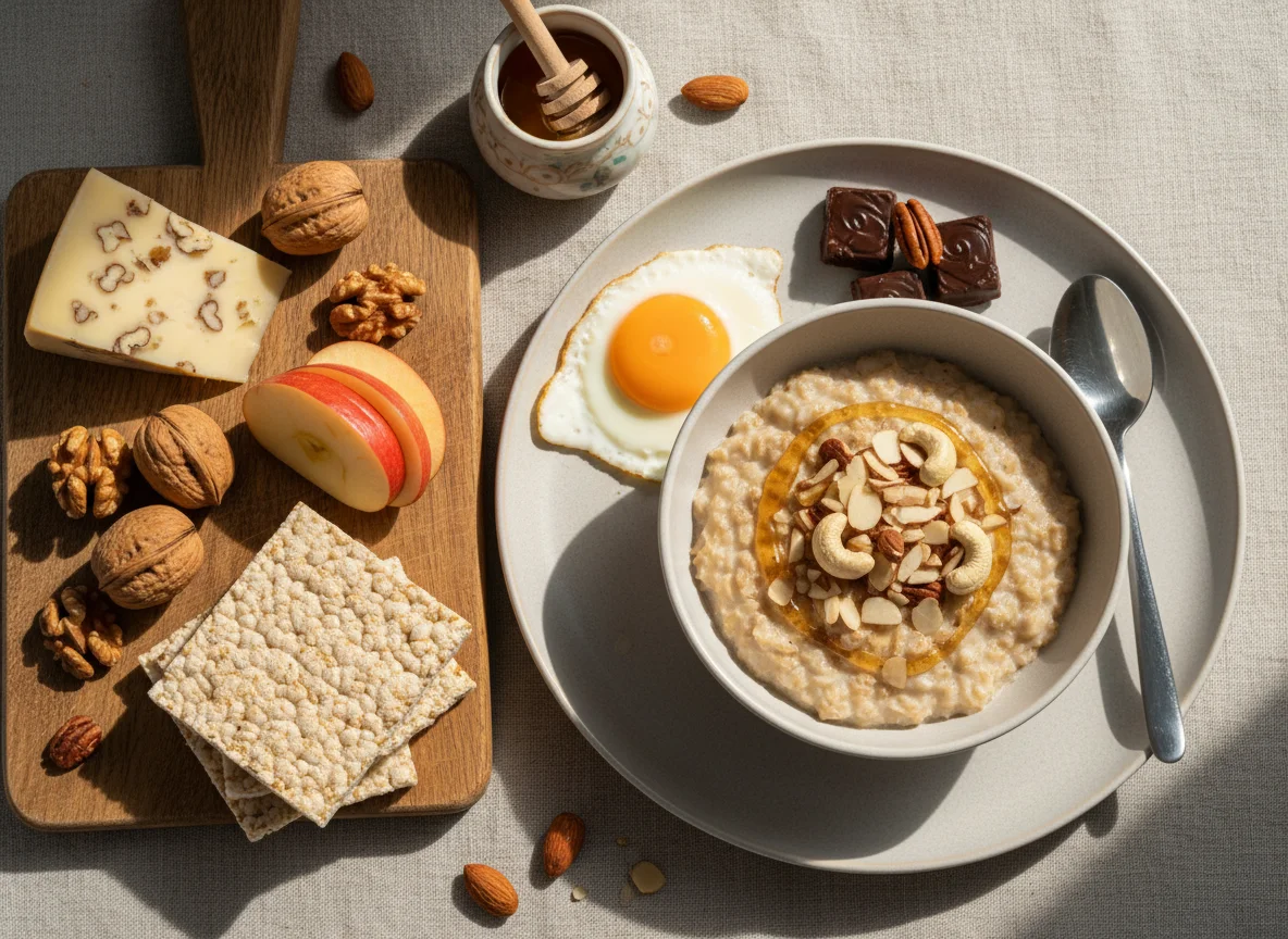 Завтрак с кашей, сыром и орехами photo