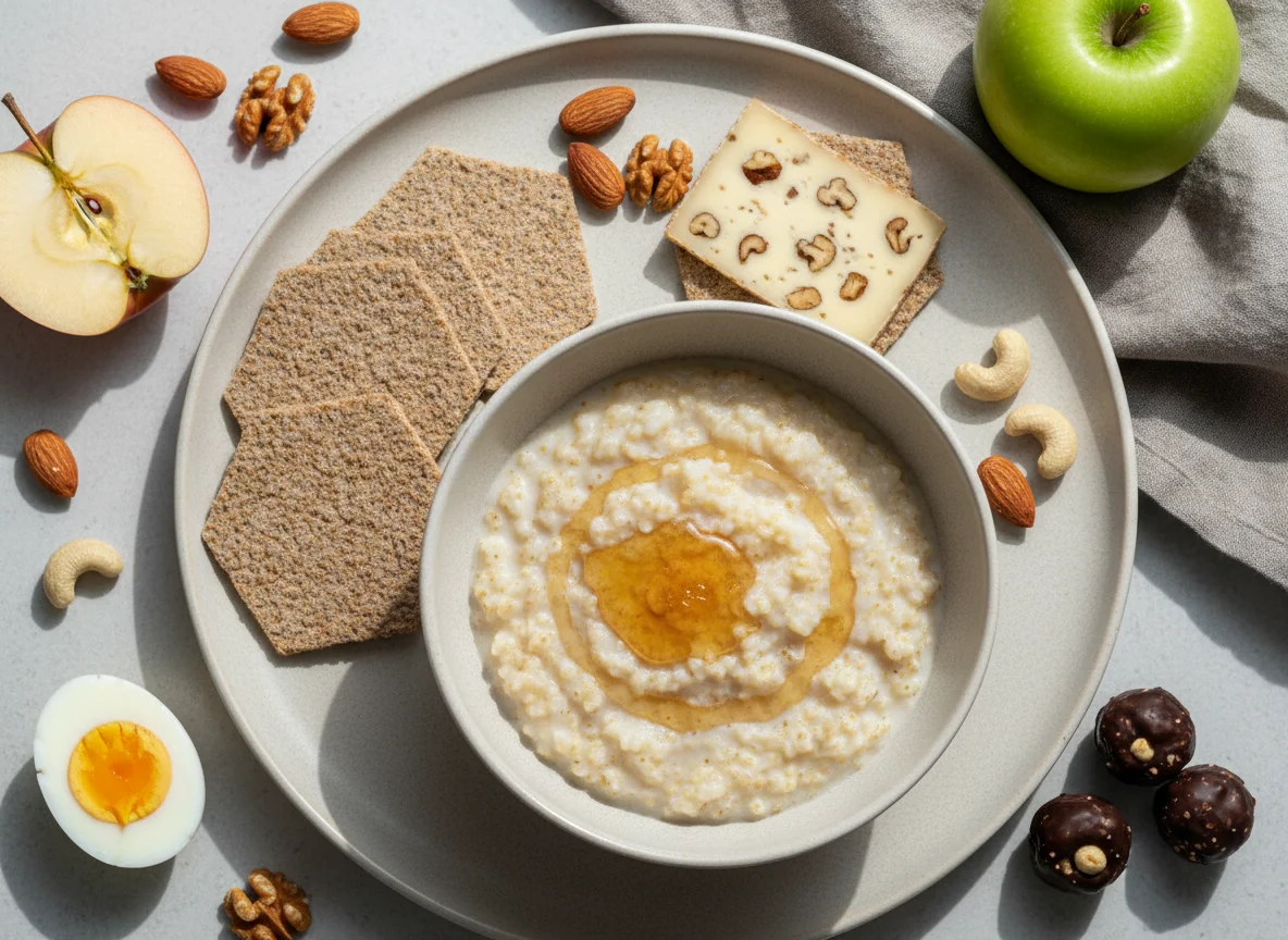 Завтрак с кашей, сыром, орехами и фруктами photo