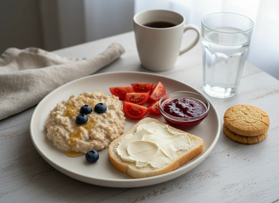 Завтрак с кашей, томатами и бутербродом photo