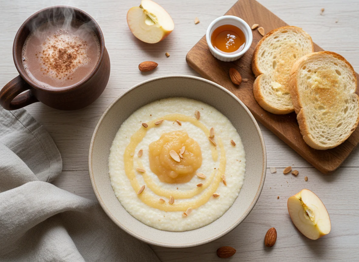 Завтрак с кашей, тостами и какао photo