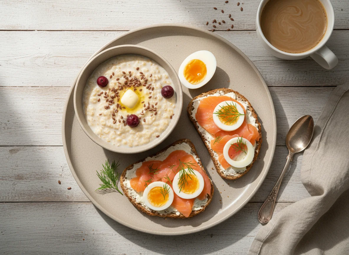 Завтрак с кашей, тостами с лососем и яйцами photo