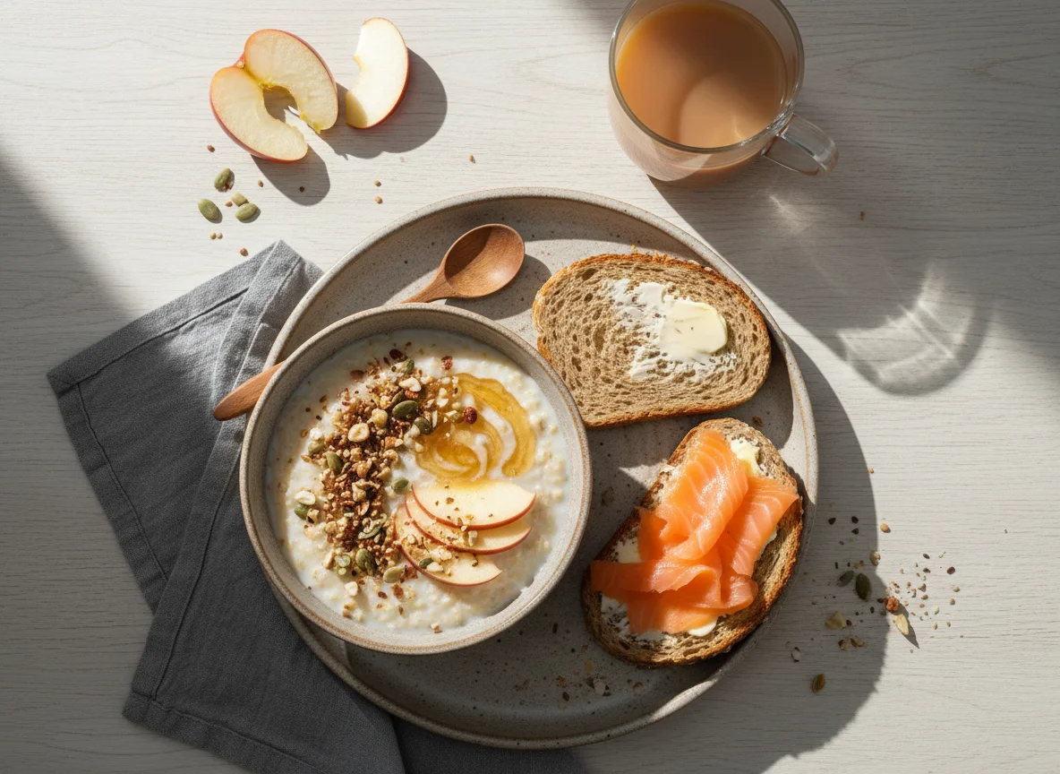 Завтрак с кашей, тостом и чаем photo