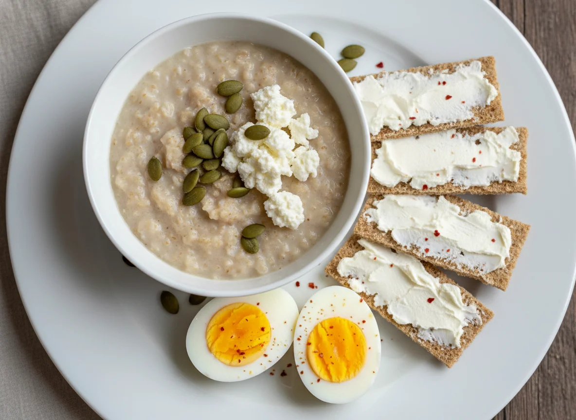 Завтрак с кашей, творогом, яйцами и хлебцами photo