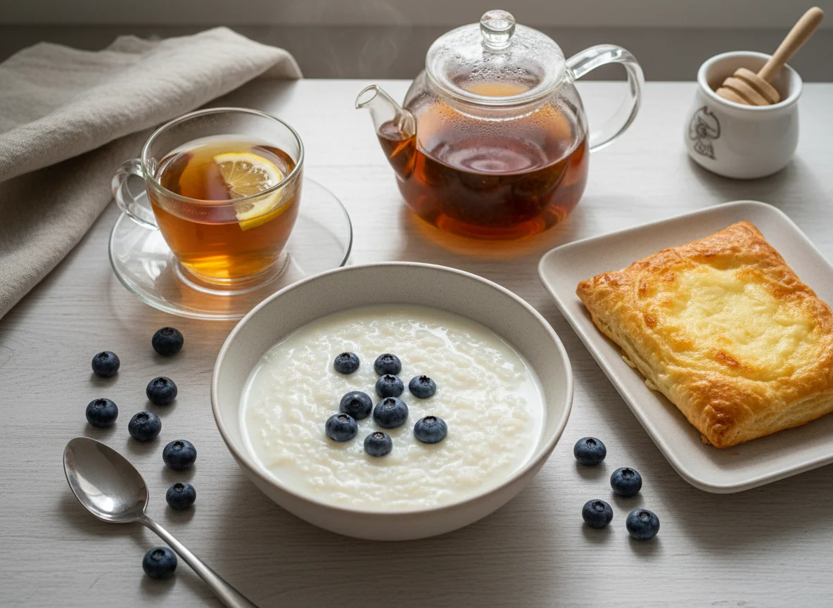 Завтрак с кашей, выпечкой и чаем photo