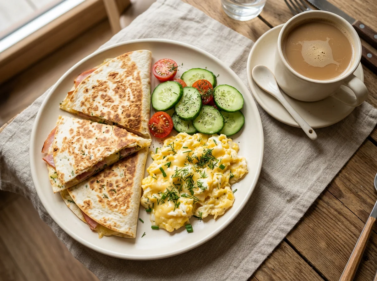 Завтрак с кесадильей, яичницей и огурцами photo