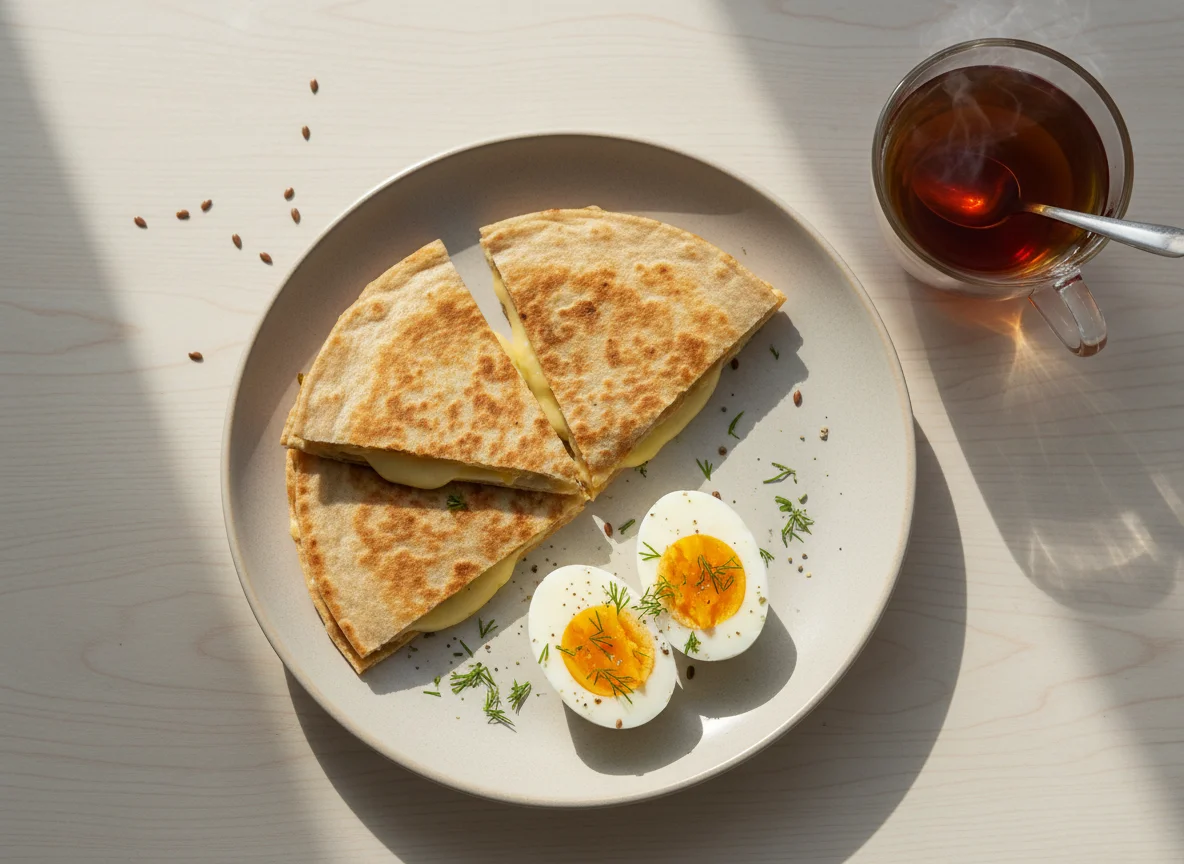 Завтрак с кесадильей, яйцами и чаем photo