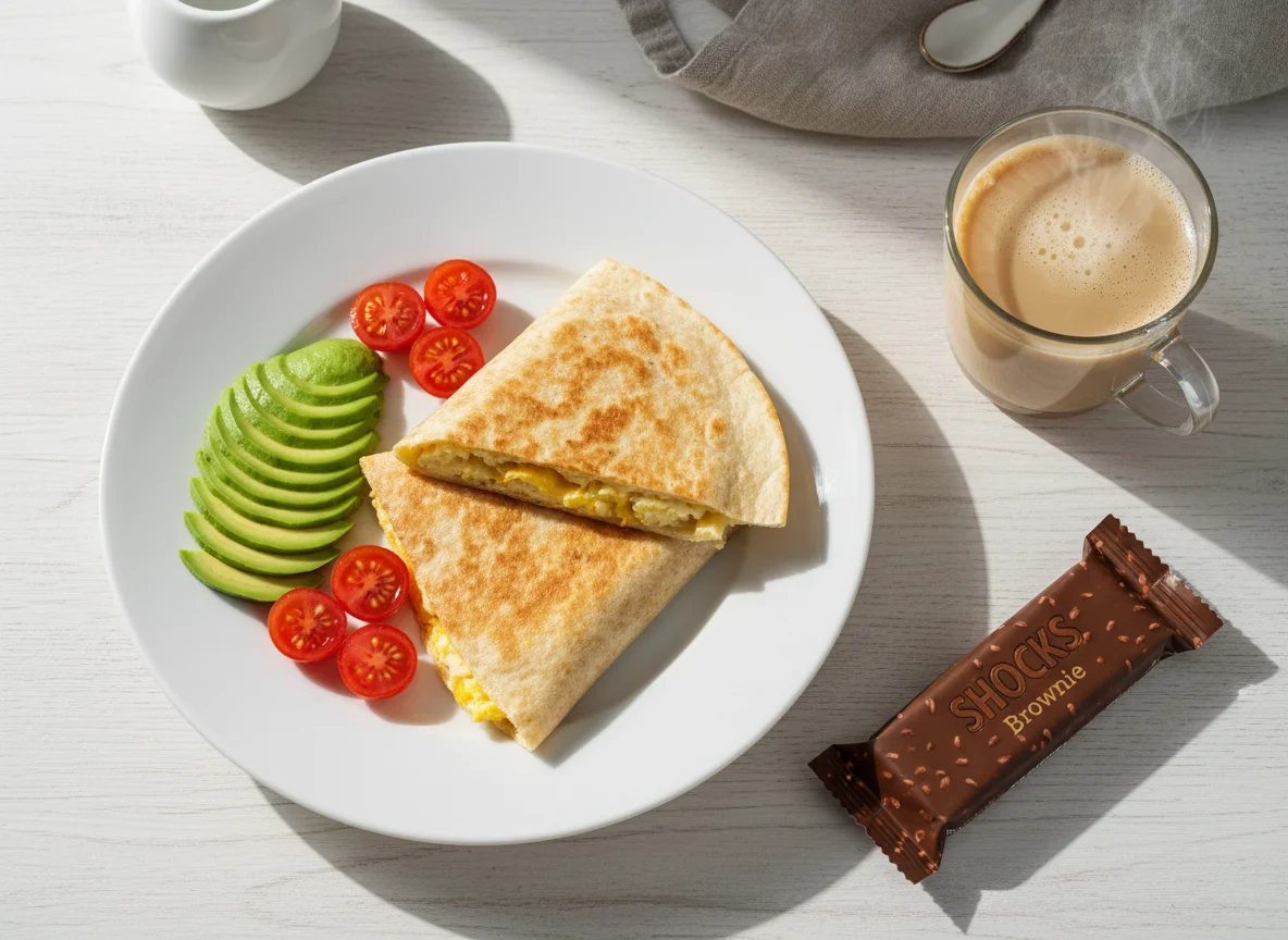 Завтрак с кесадильей, авокадо, помидорами, протеиновым батончиком и кофе photo