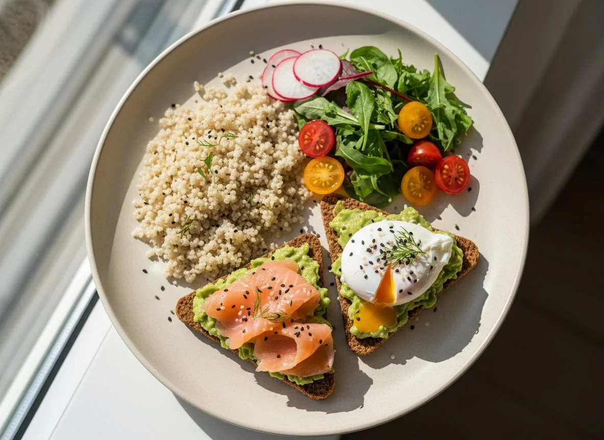 Завтрак с киноа, авокадо-тостом и яйцом пашот photo