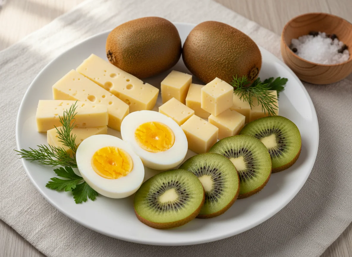 Завтрак с киви, сыром и яйцами photo