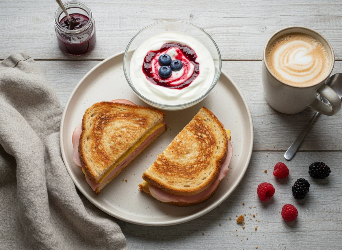 Завтрак с кофе, бутербродом и йогуртом photo