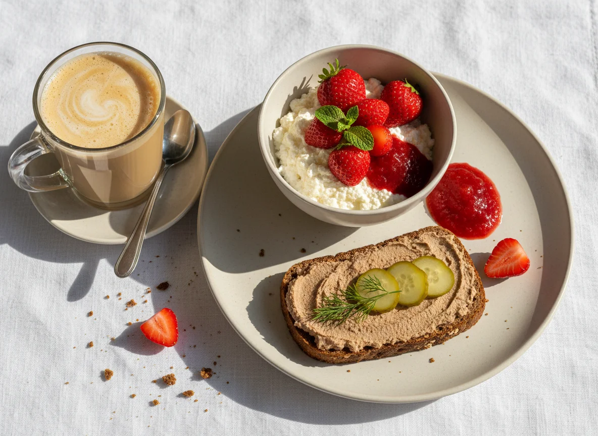 Завтрак с кофе, йогуртом и бутербродом photo
