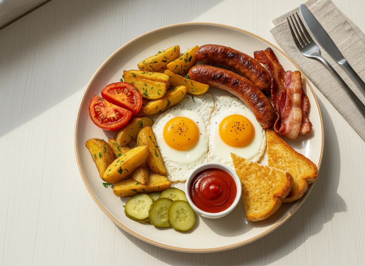 Завтрак с колбасками, яйцами и картофелем photo