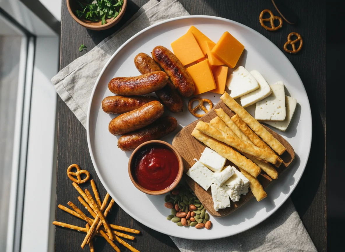 Завтрак с колбасками и сырной тарелкой photo