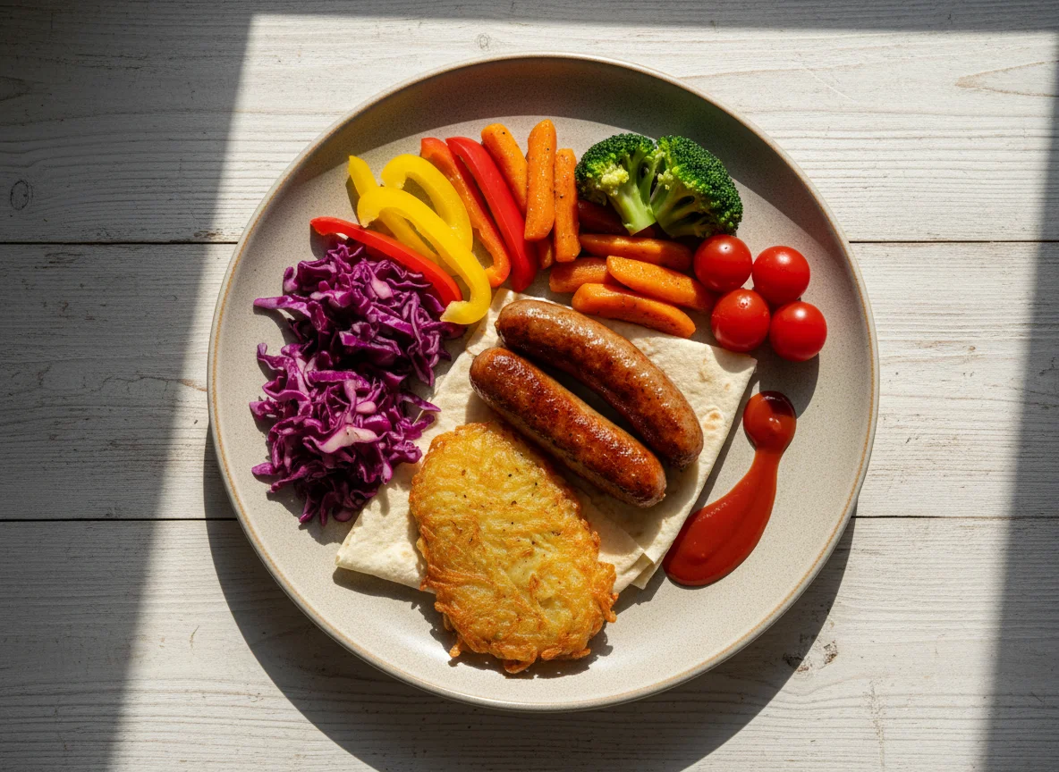 Завтрак с колбасками, картофелем и овощами photo