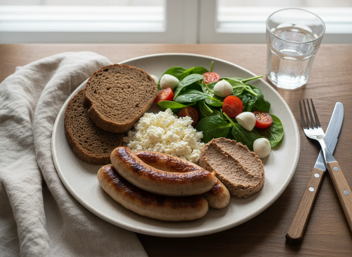 Завтрак с колбасками, творогом и салатом photo