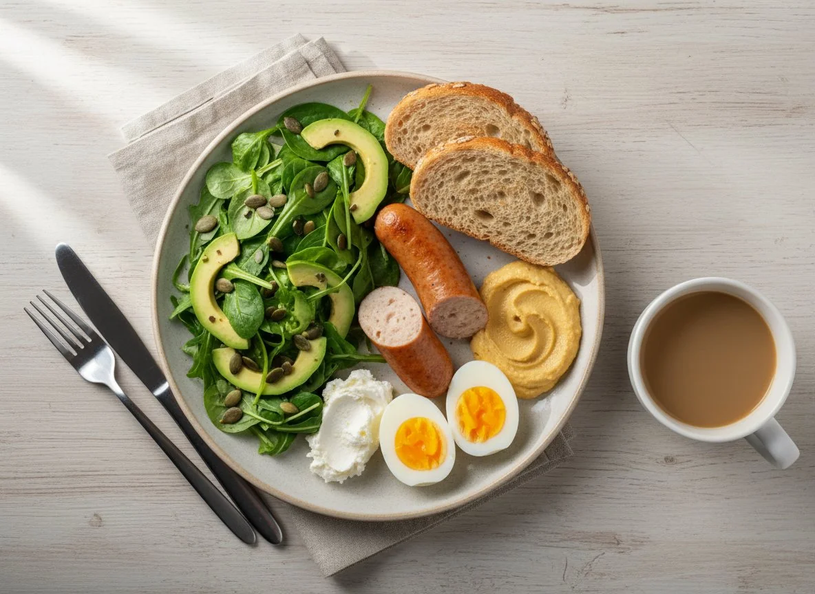 Завтрак с колбаской, яйцами и салатом photo