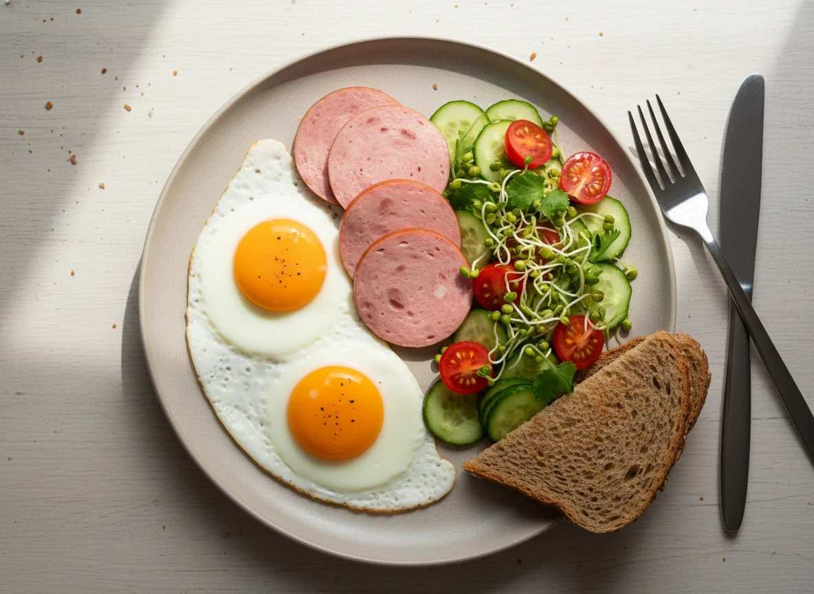 Завтрак с колбасой, яичницей и салатом photo