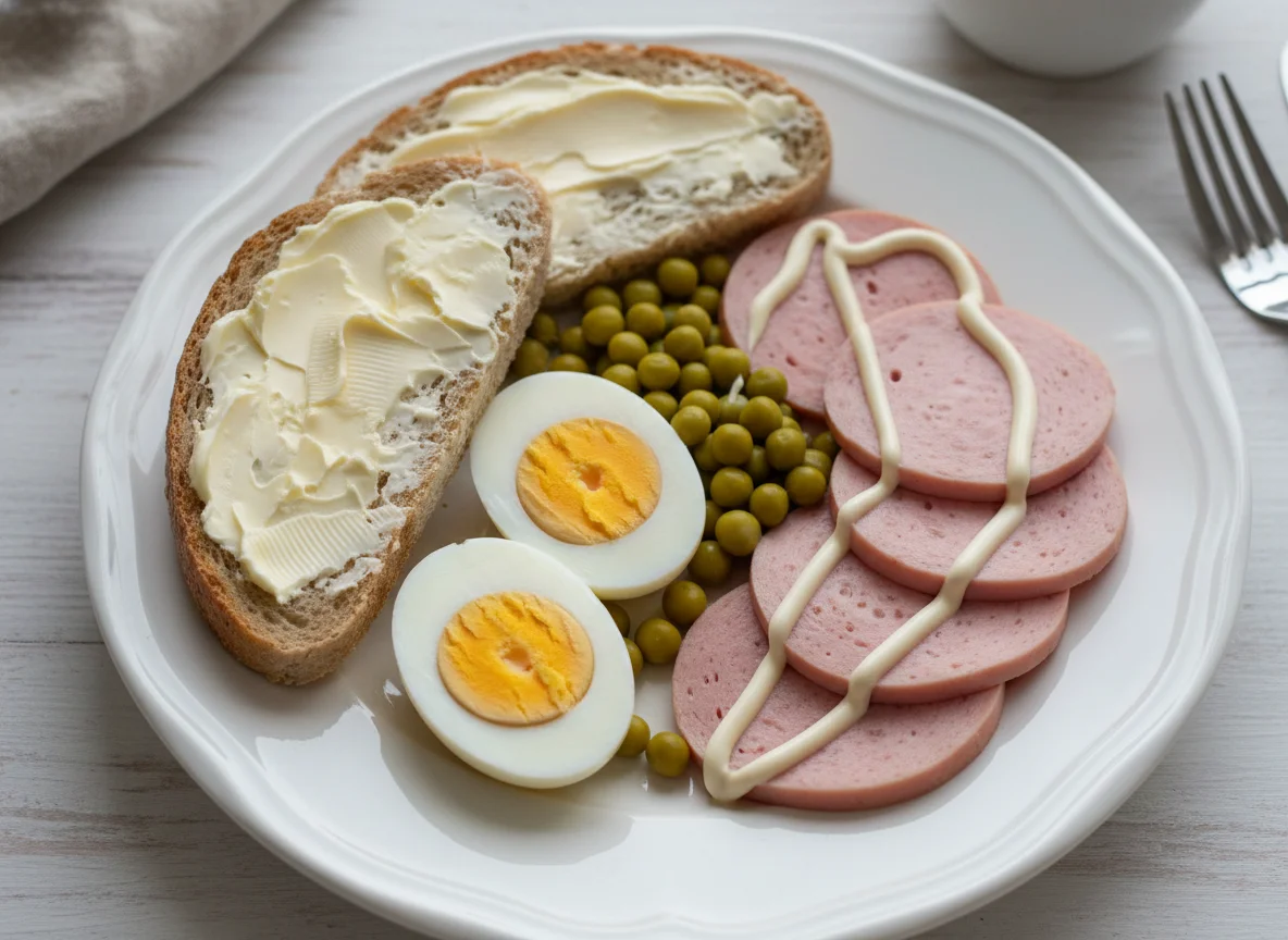 Завтрак с колбасой, яйцами и горошком photo
