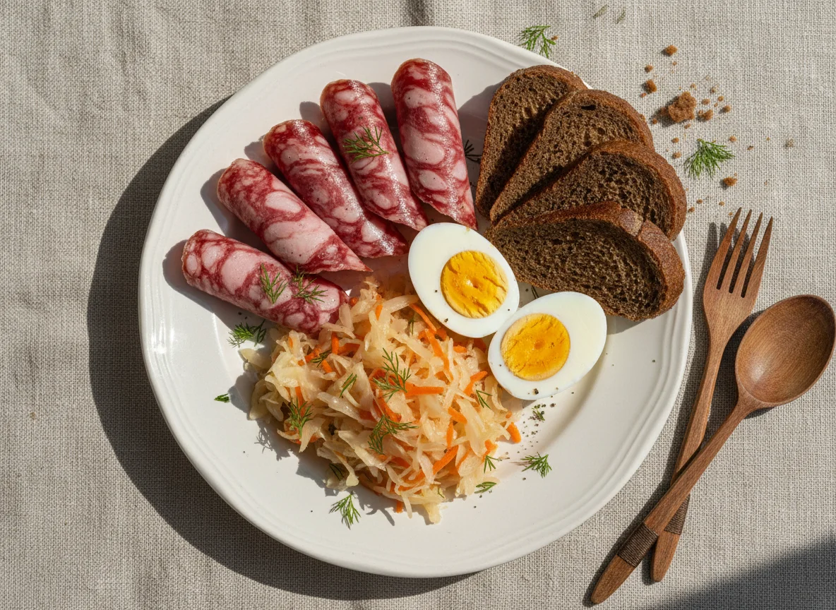 Завтрак с колбасой, яйцами и квашеной капустой photo