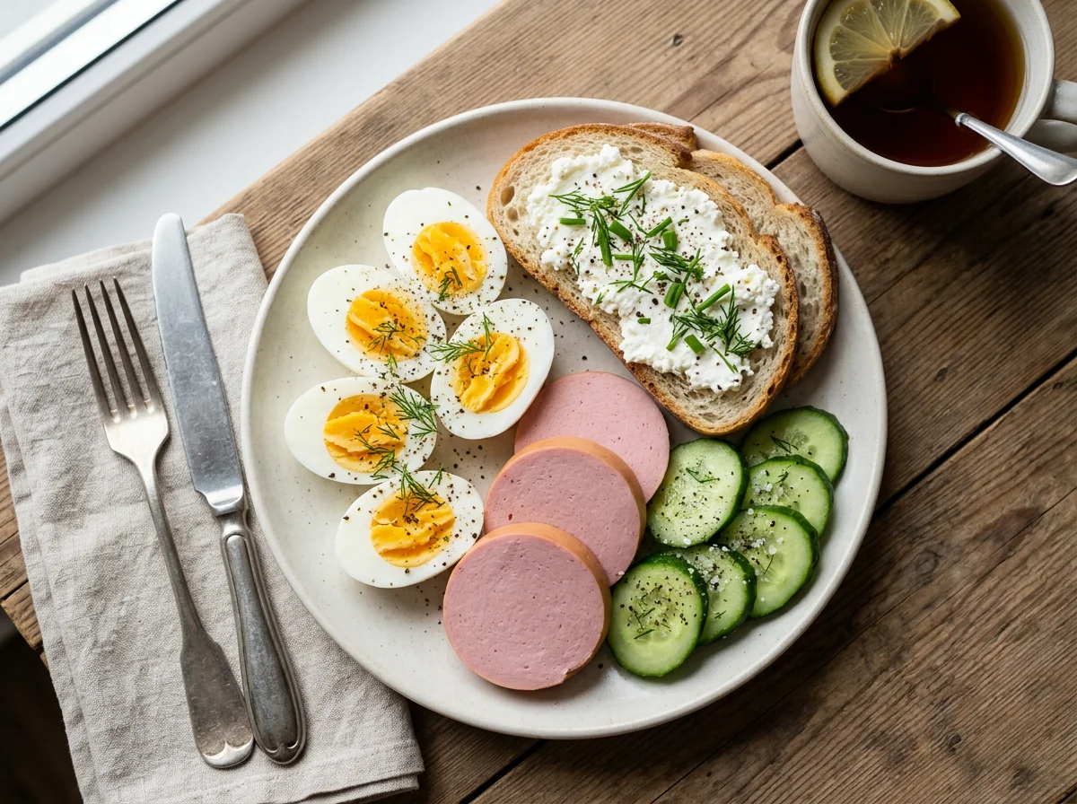 Завтрак с колбасой, яйцами и огурцами photo