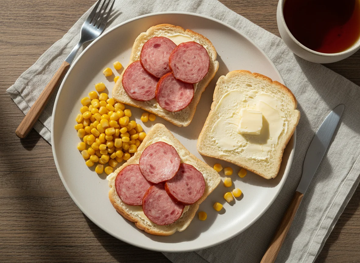 Завтрак с колбасой, кукурузой и бутербродами photo