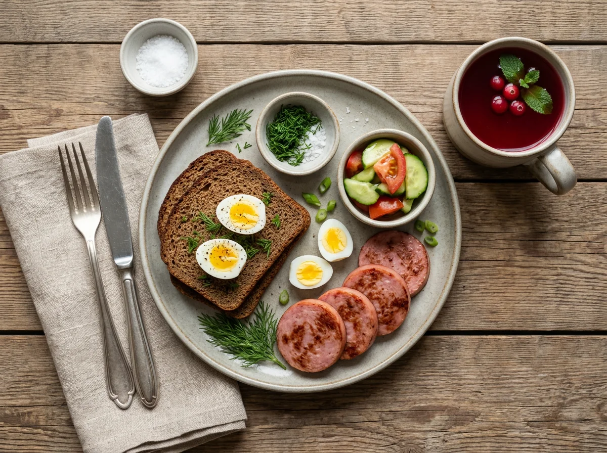 Завтрак с колбасой, перепелиными яйцами и напитком photo
