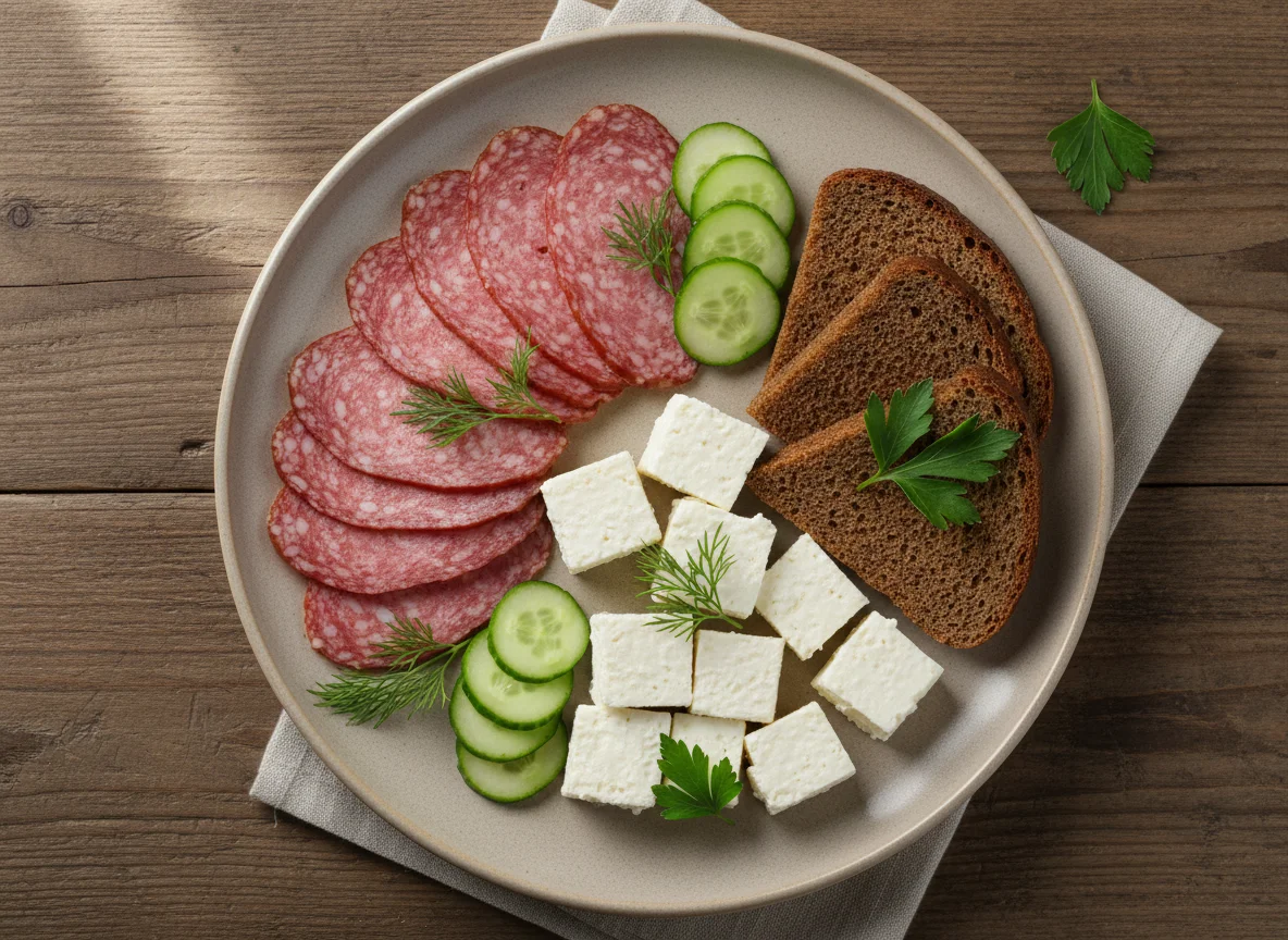 Завтрак с колбасой, сыром и хлебом photo