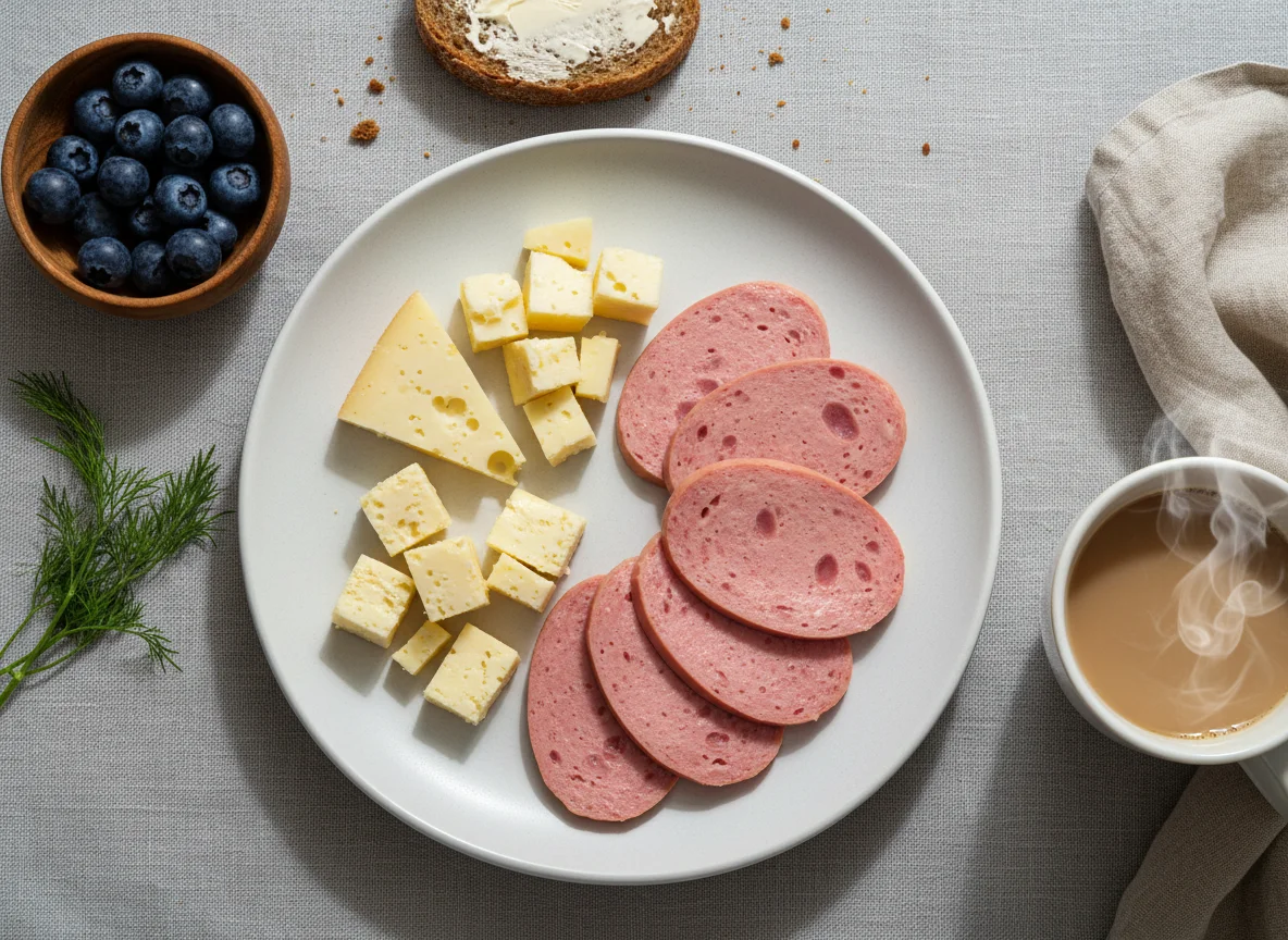 Завтрак с колбасой, сыром и напитком photo