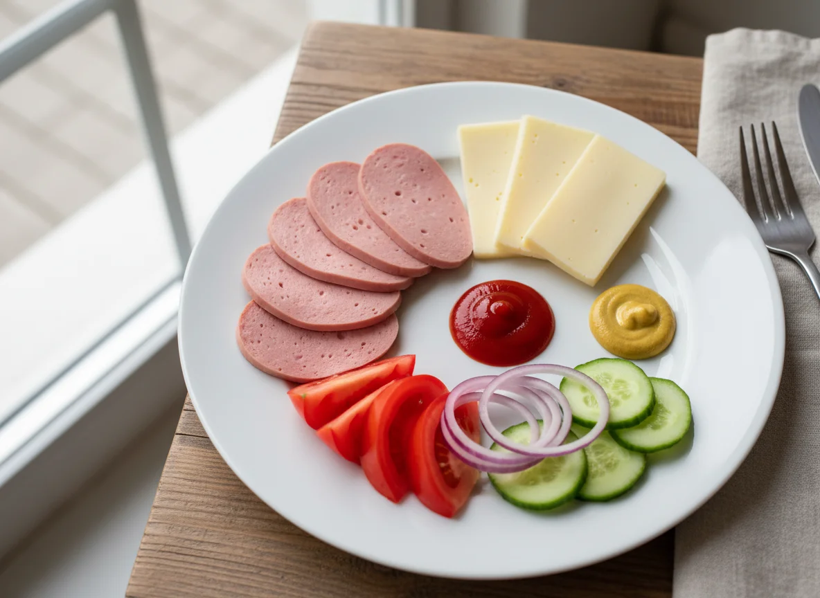 Завтрак с колбасой, сыром и овощами photo