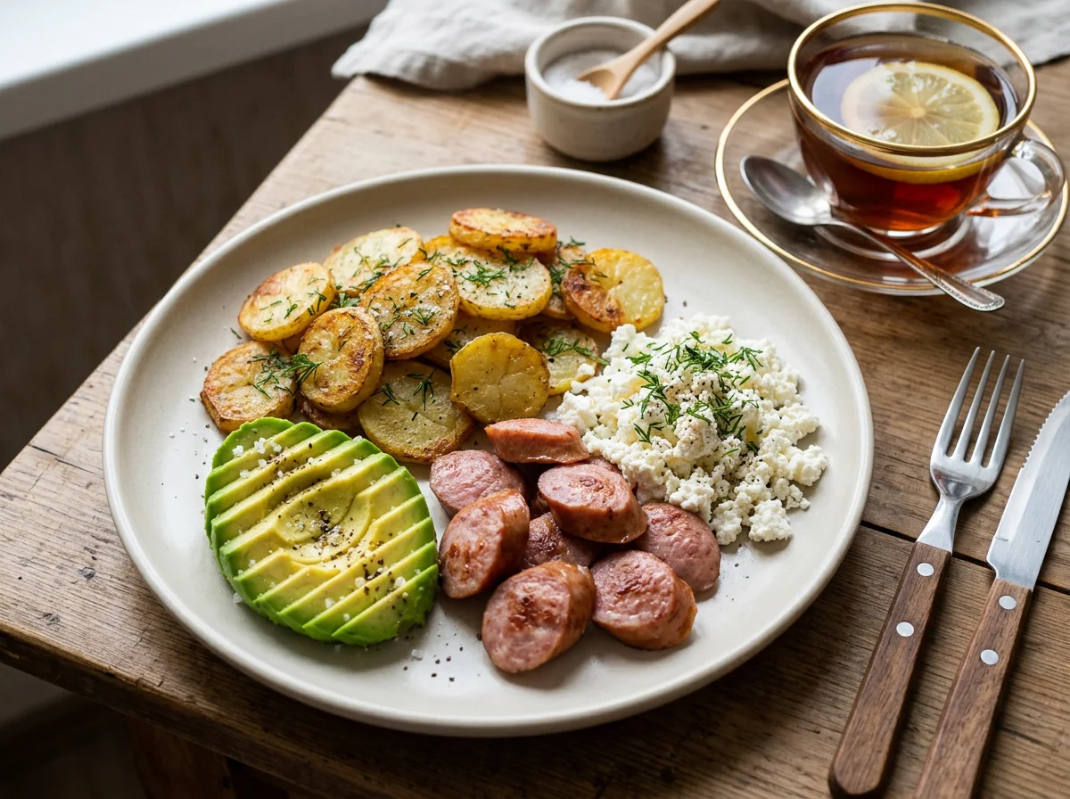 Завтрак с колбасой, жареным картофелем, авокадо и творогом photo