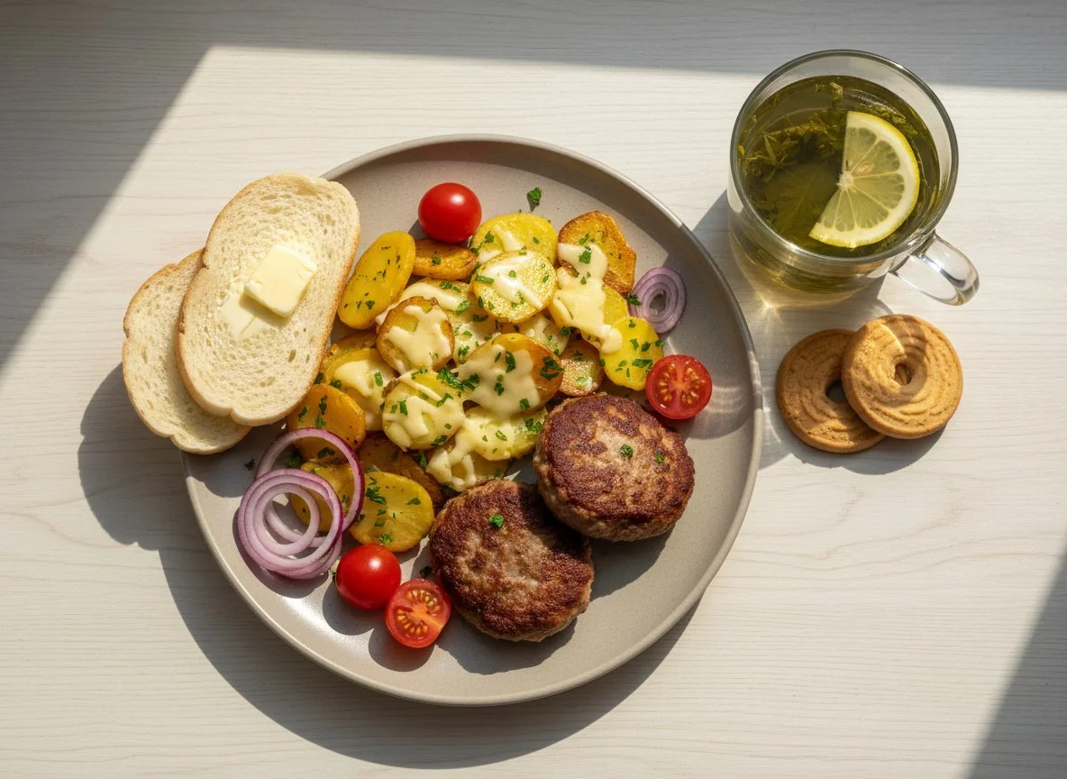 Завтрак с котлетами, картофелем и чаем photo