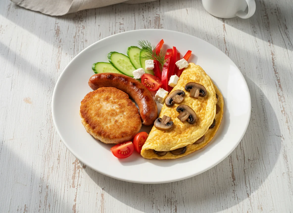 Завтрак с котлетами, сосиской и овощами photo