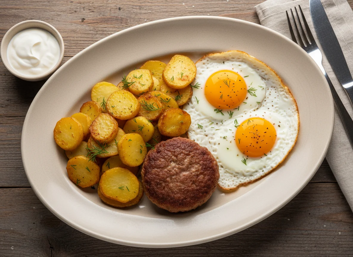 Завтрак с котлетой, яичницей и жареным картофелем photo