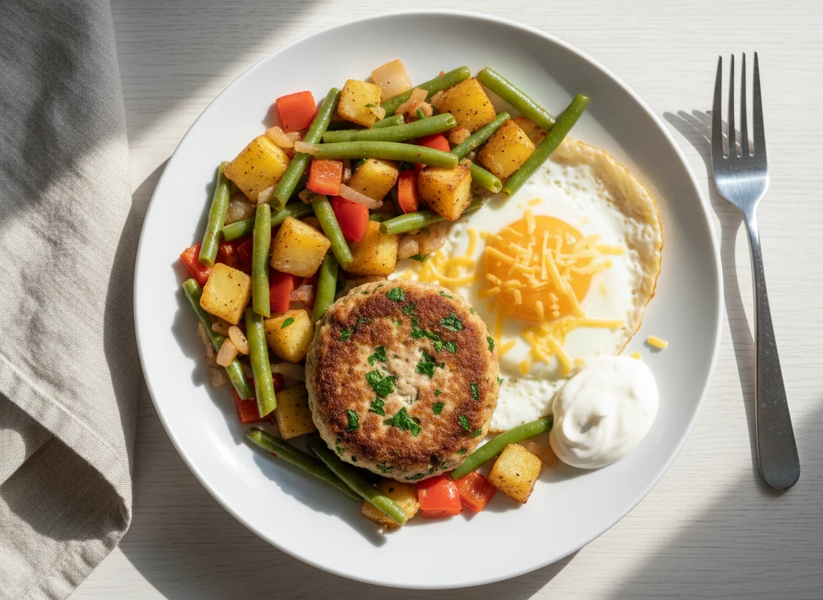 Завтрак с котлетой из индейки, яйцом и овощами photo