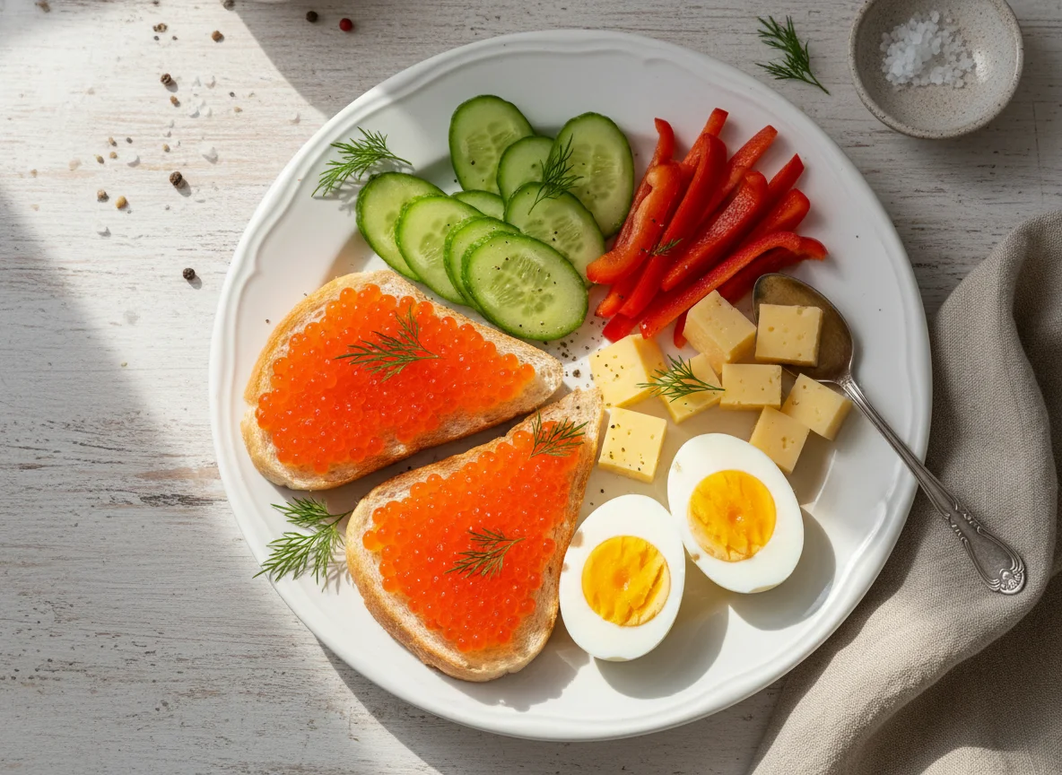 Завтрак с красной икрой, яйцами и овощами photo