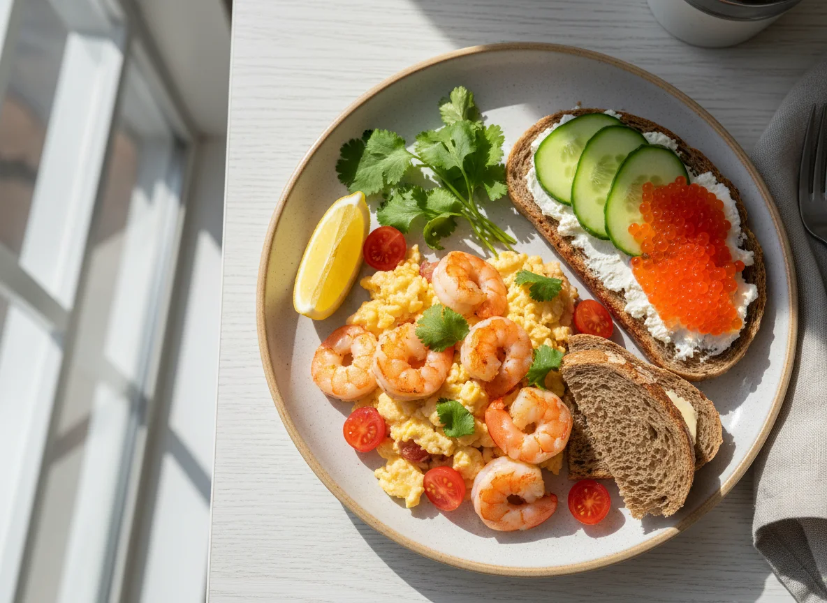 Завтрак с красной икрой и яичницей с креветками photo