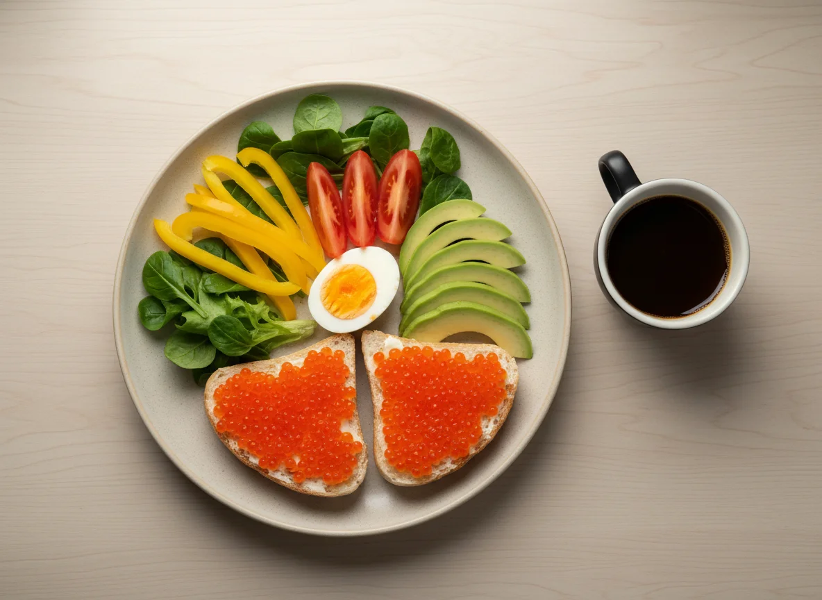Завтрак с красной икрой и овощами photo